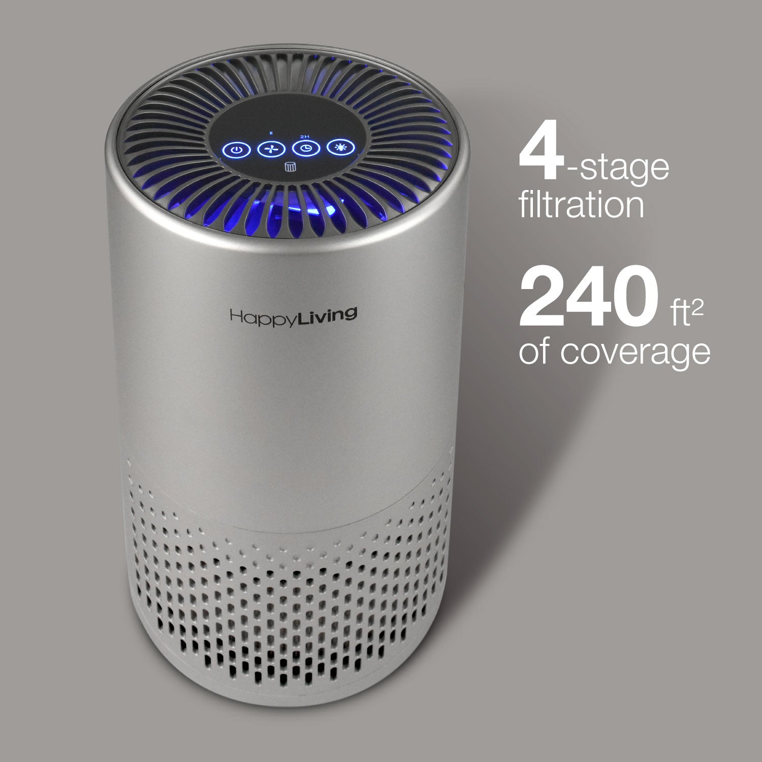 An image showing how the gray air purifier has 4 stages and 240 square feet of coverage.