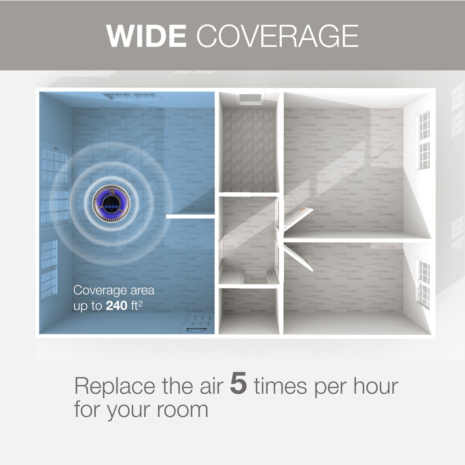 An image of the wide coverage of the air purifier. 