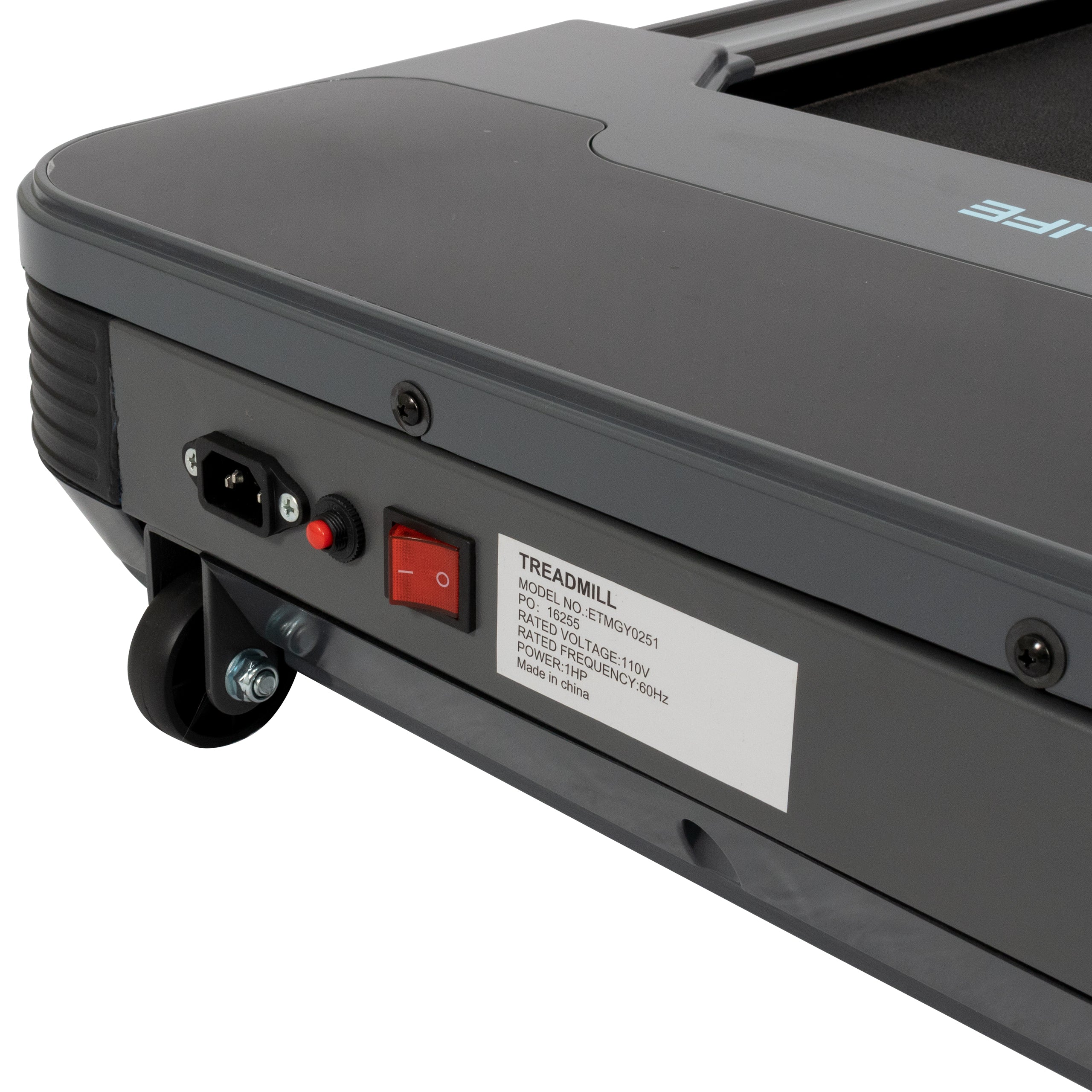 An image of the control panel of the treadmill. It includes a plug and an on and off switch.